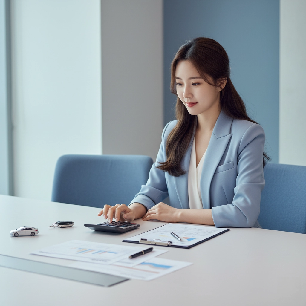 사무실에서 서류와 계산기로 장기렌트 비용 구조를 설명하는 한국인 상담 전문가