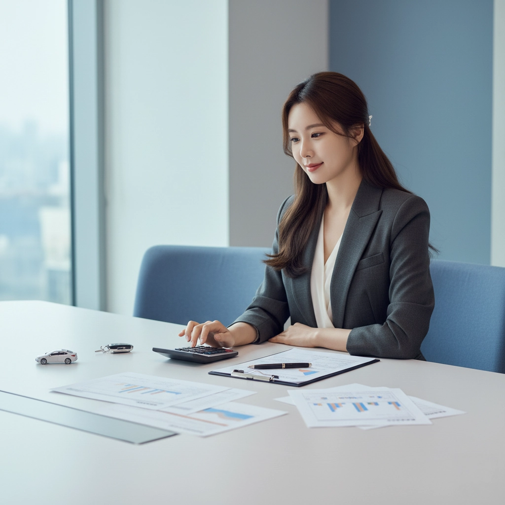 회의실 테이블에서 자동차 키와 서류를 앞에 두고 장기렌트 비용 구조를 설명하는 한국인 상담사