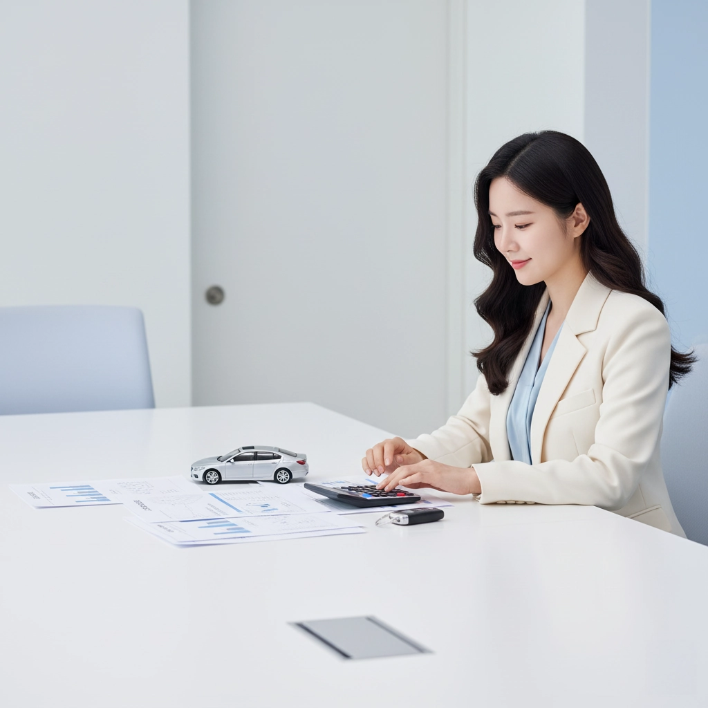 자동차 모형과 서류를 앞에 두고 장기렌트 견적을 비교하는 한국인 상담 전문가