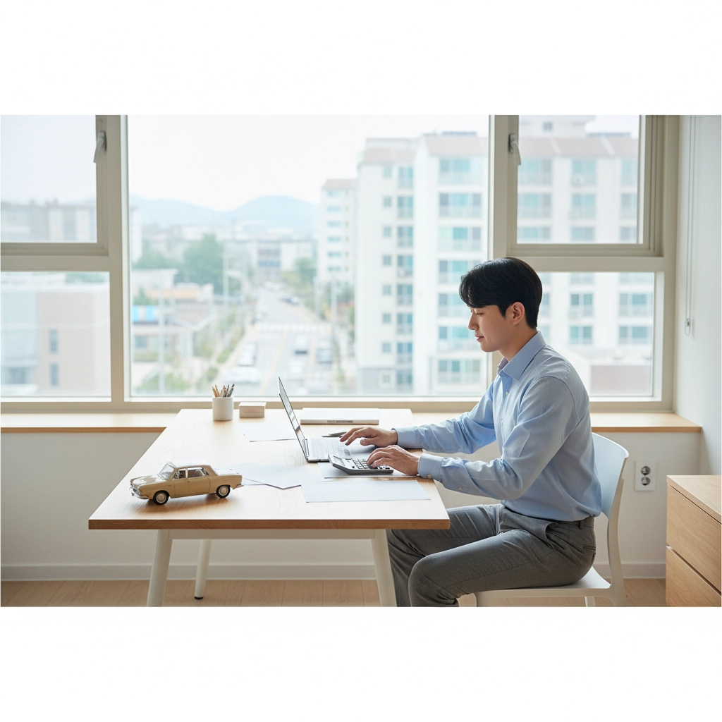 집 거실 창가 책상에서 노트북으로 장기렌트 견적을 비교하는 한국인 남성 고객