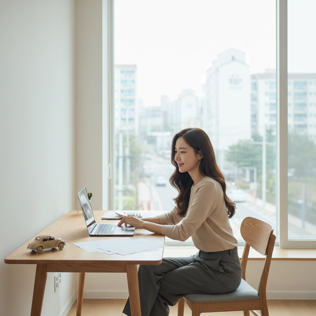 집에서 노트북으로 장기렌트 가격비교 견적을 비교하는 한국 여성 고객