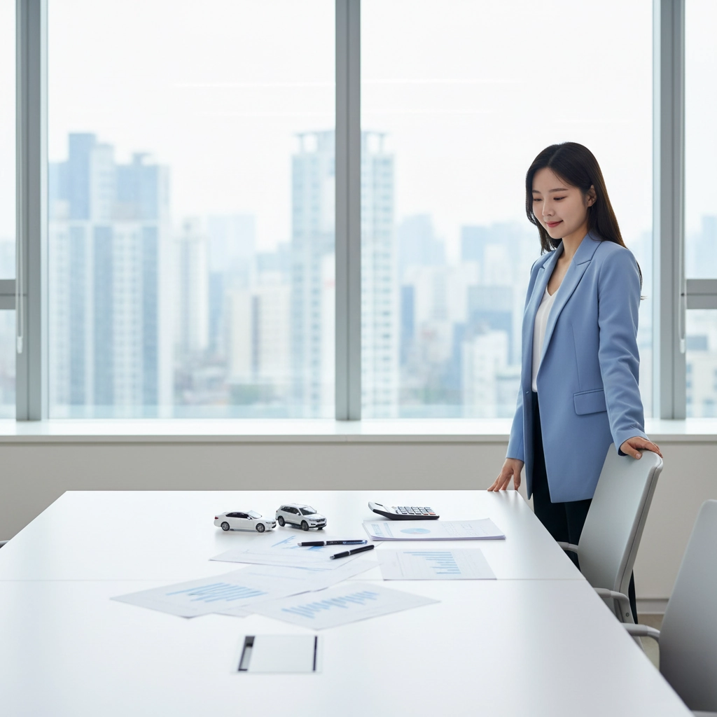 자동차 모형과 서류를 앞에 두고 장기렌트 가격비교 견적을 안내하는 한국인 상담사