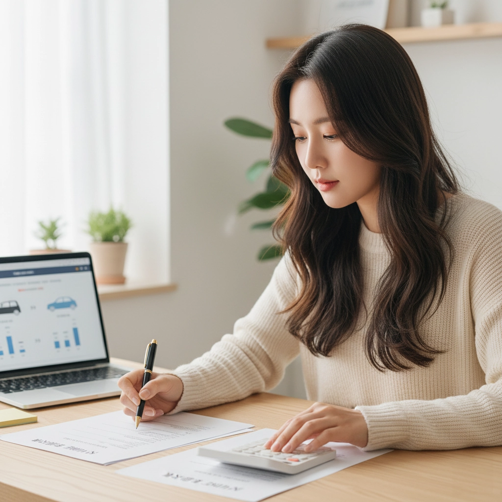 집에서 노트북과 서류를 보며 장기렌트와 자동차 할부 비용을 비교하는 한국인 여성 고객