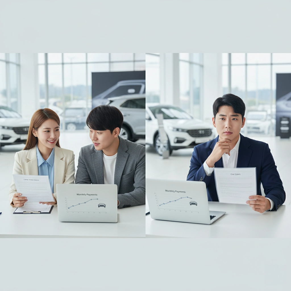 장기렌트와 자동차 할부 옵션을 비교 상담받는 20~30대 한국인 커플과 남성 고객
